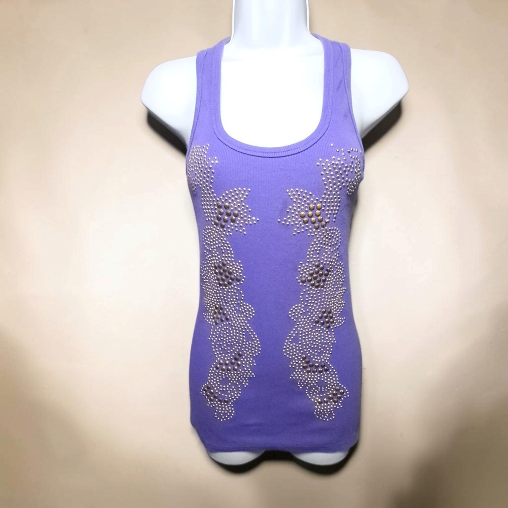 Verty Embellished Tank Top Metallic Studded Sleeveless Large Purple Ribbed Emo